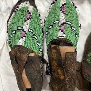 Artisan Beaded Moccasins - Green and Brown